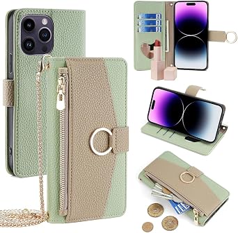 Wallet Case with Crossbody Strap Compatible for Xiaomi Poco X7 Pro 5G 2412DPC0AG 6.67 inch, Magnetic Handbag Zipper Pocket Cases PU Leather Flip Cell Phone Holster Cover with Kickstand, Green