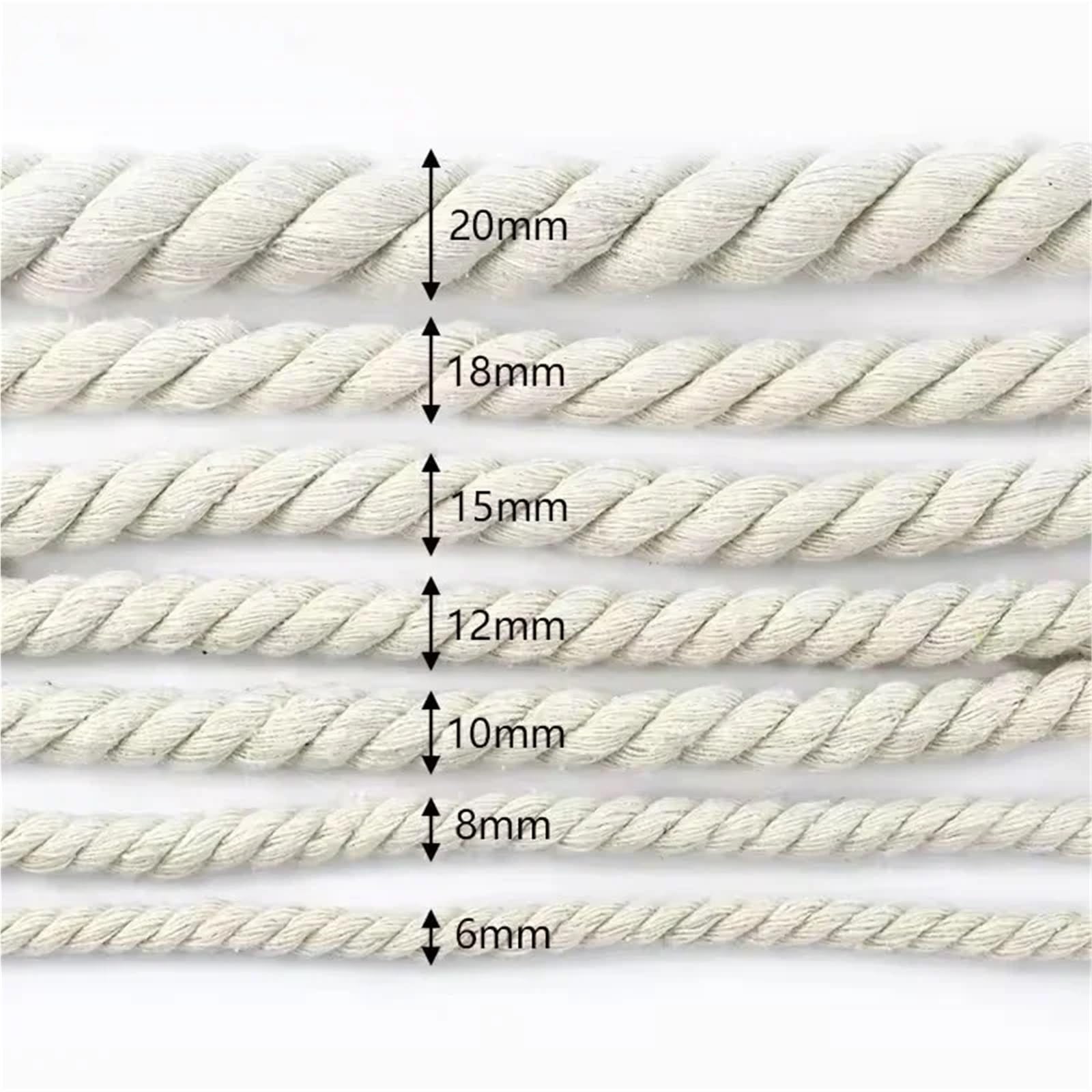 Makramee Garn 2/5/10M Beige 5-20mm geflochtene Makrameeschnur 3 Anteile Baumwollseil gedrehte Seile Faden dekorative Schnurtasche