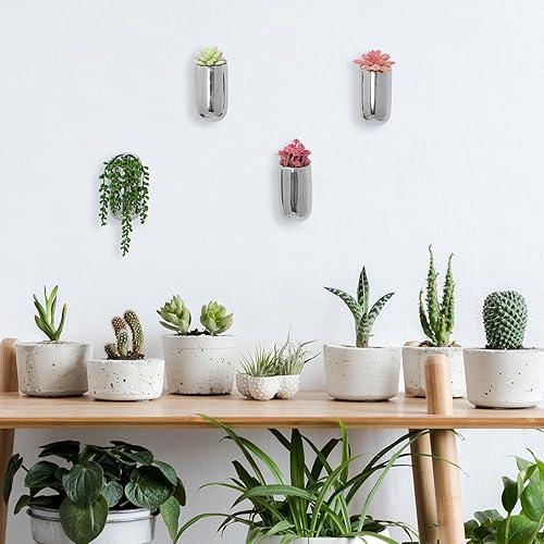 Miniatura 4 de MyGift Juego de 4 macetas modernas de cerámica metálica para colgar en la pared, maceta cilíndrica para suculentas, maceta para suculentas