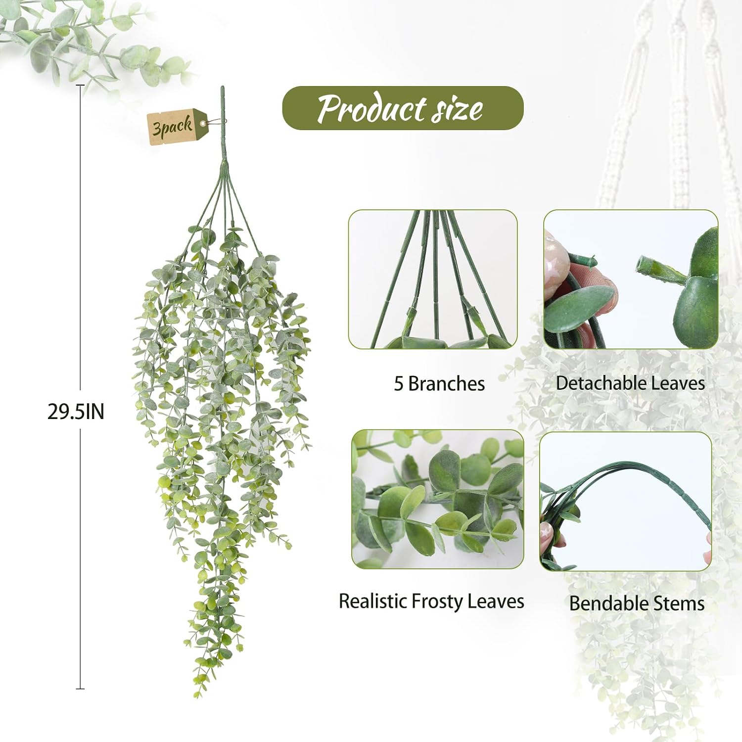 RECUTMS 3Pcs Artificial Hanging Eucalyptus Leaves Plants 29.5In Dusty Green | Reusable Plastic Greenery,Bendable Stem,Easy to Hang,No Maintenance,Weather Resistant,Wedding Home Party Indoor Outdoor Decor