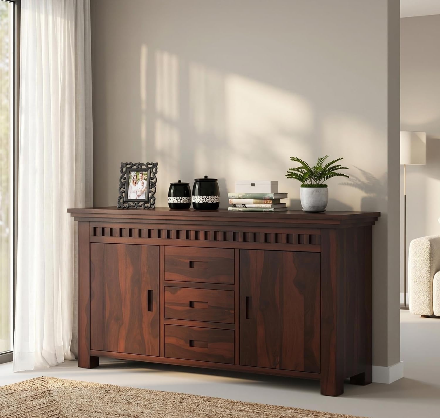 Solid Wood Sideboard Cabinet with 2 Doors and 3 Drawers | Walnut Finish, Lattice Fretwork Detail, Ample Storage, Living Room Furniture, Classic Design-image-17