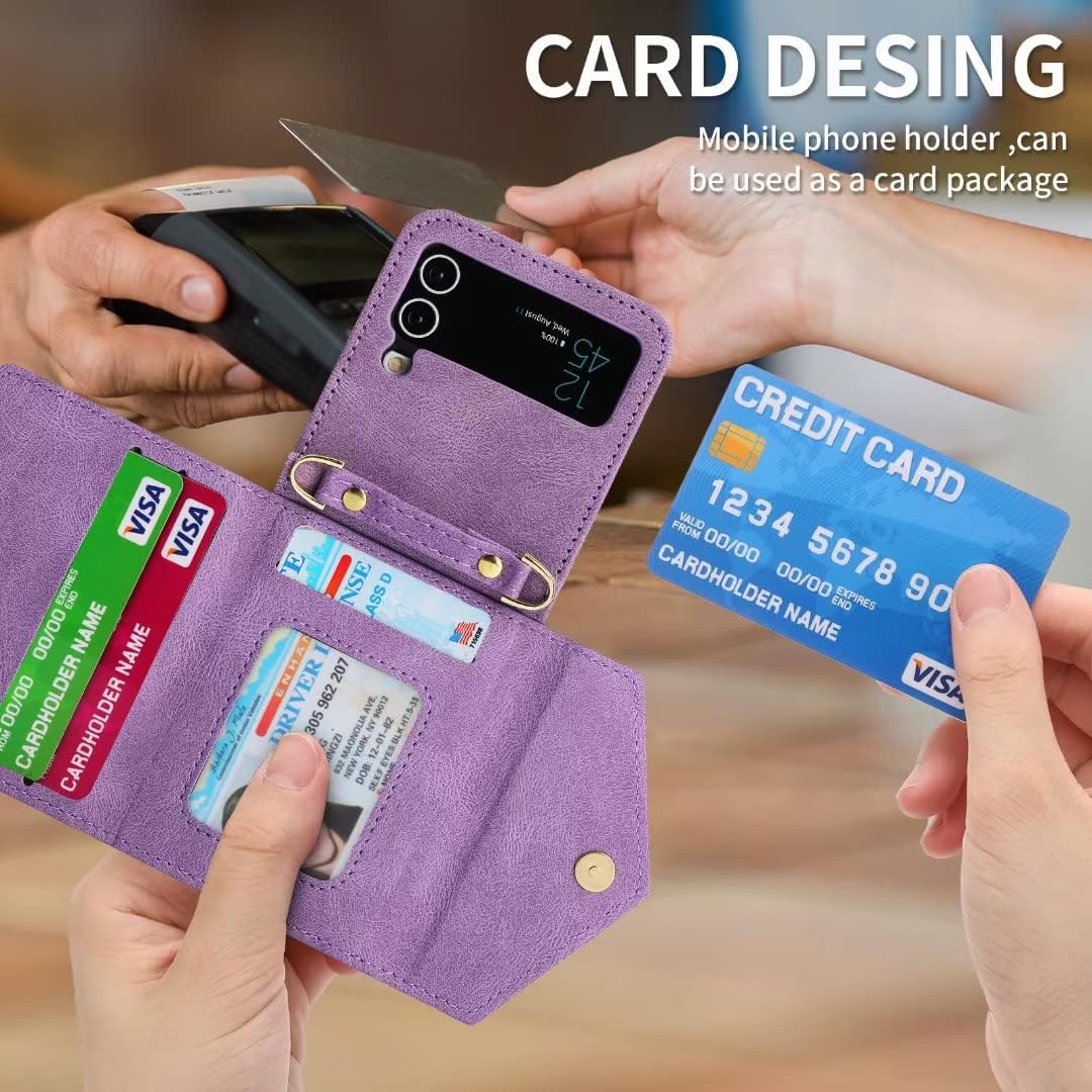 Yatchen for Samsung Galaxy Z Flip 4 Wallet Case, Cute Luxury Business Leather Card Slot Card Package Phone Case with Lanyard Hard PC Bumper Anti-Fall Protector for Galaxy Z Flip 4 5G 2022 Women
