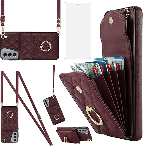 Asuwish Funda para teléfono Samsung Galaxy S21 5G de 6.2 pulgadas, funda tipo cartera con protector de pantalla de vidrio templado y correa cruzada
