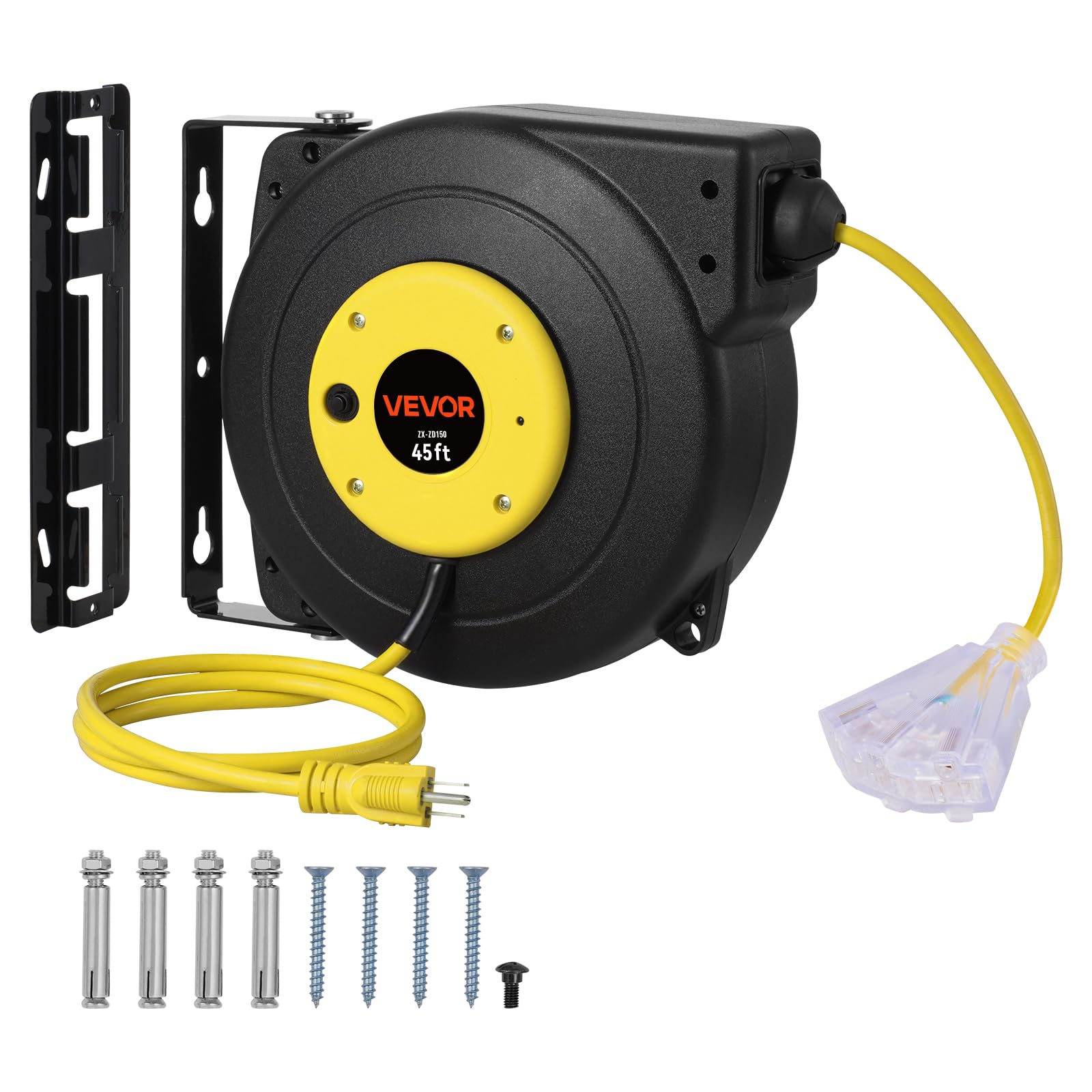 VEVOR Retractable Extension Cord Reel, 45 FT, Heavy Duty 12AWG/3C SJTOW Extension Power Cord with Lighted Triple Tap Outlet, 15A Circuit Breaker 180° Swivel Bracket for Ceiling or Wall Mount, Yellow