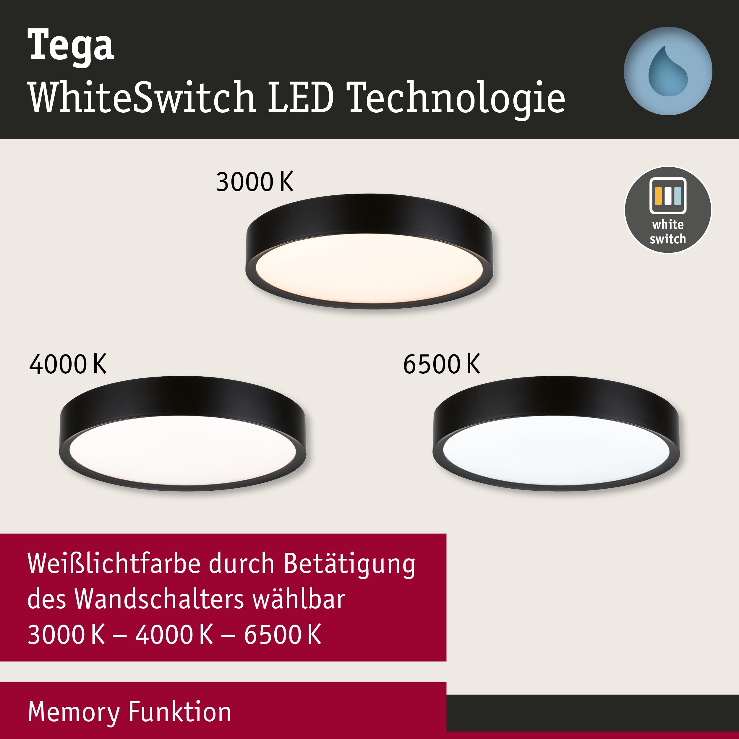Paulmann 71086 LED Deckenleuchte Selection Bathroom Tega IP44 White Switch 1200lm 230V 22,5W Schwarz matt Badleuchte Badleuchte