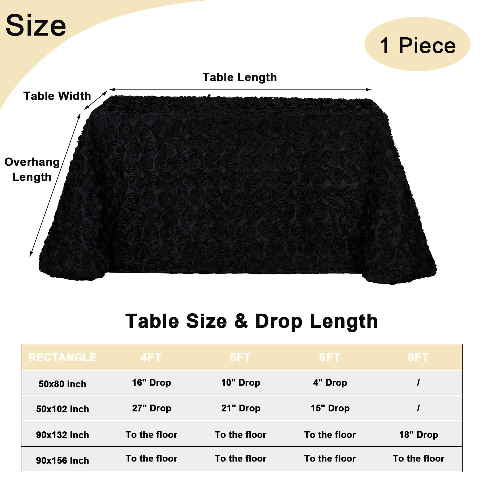 Fanqisi Schwarze Tischdecke, 228 x 332 cm, Rosette, Hochzeit, Party, Tischdekoration, rechteckig, Satin, Blumenmuster, Tischdecke für Babyparty-Dekorationen