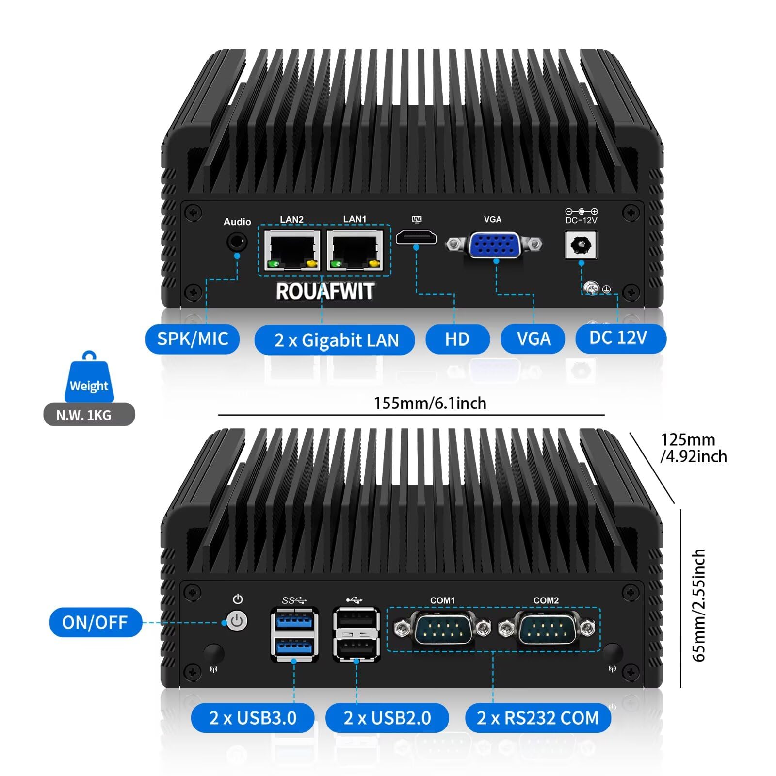 Industrial Mini PC, Industrie PC Celeron N2840, Fanless Computer, HD+VGA Dual Display, 2RS232 COM, 2RJ45 LAN, 4USB, WiFi, BT,SIM Slot,DDR3L Barebone
