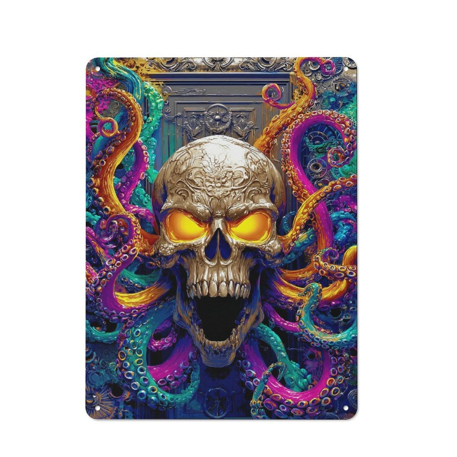 Junmoney Colorful Skull With Tentacles Artwork Classic Metal Plaque 40X30cm Featuring Bistro Wall Plaque For Kitchen, Cafe, Pantry Or Dining Room