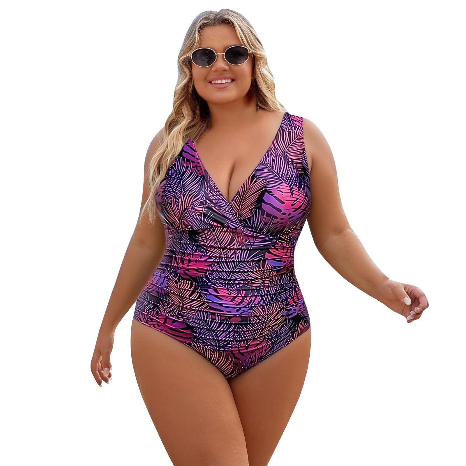 Traje de baño Talla Grande Control Volumen Escote V Fruncido, Mujer, una Pieza, con Lazo en la Espalda