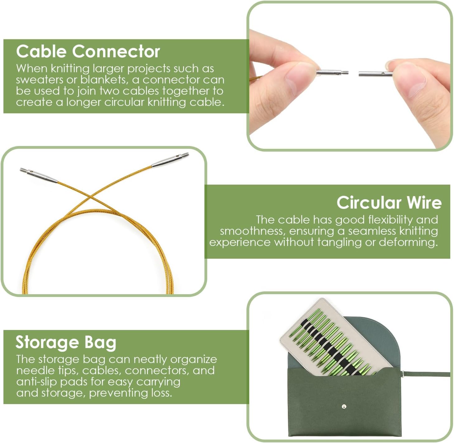 Interchangeable Circular Knitting Needles Set Premium Aluminum Knitting Kit 13 Pairs of 4 Inch with 4 Cables, Accessories and Storage Bag Green - Image 4