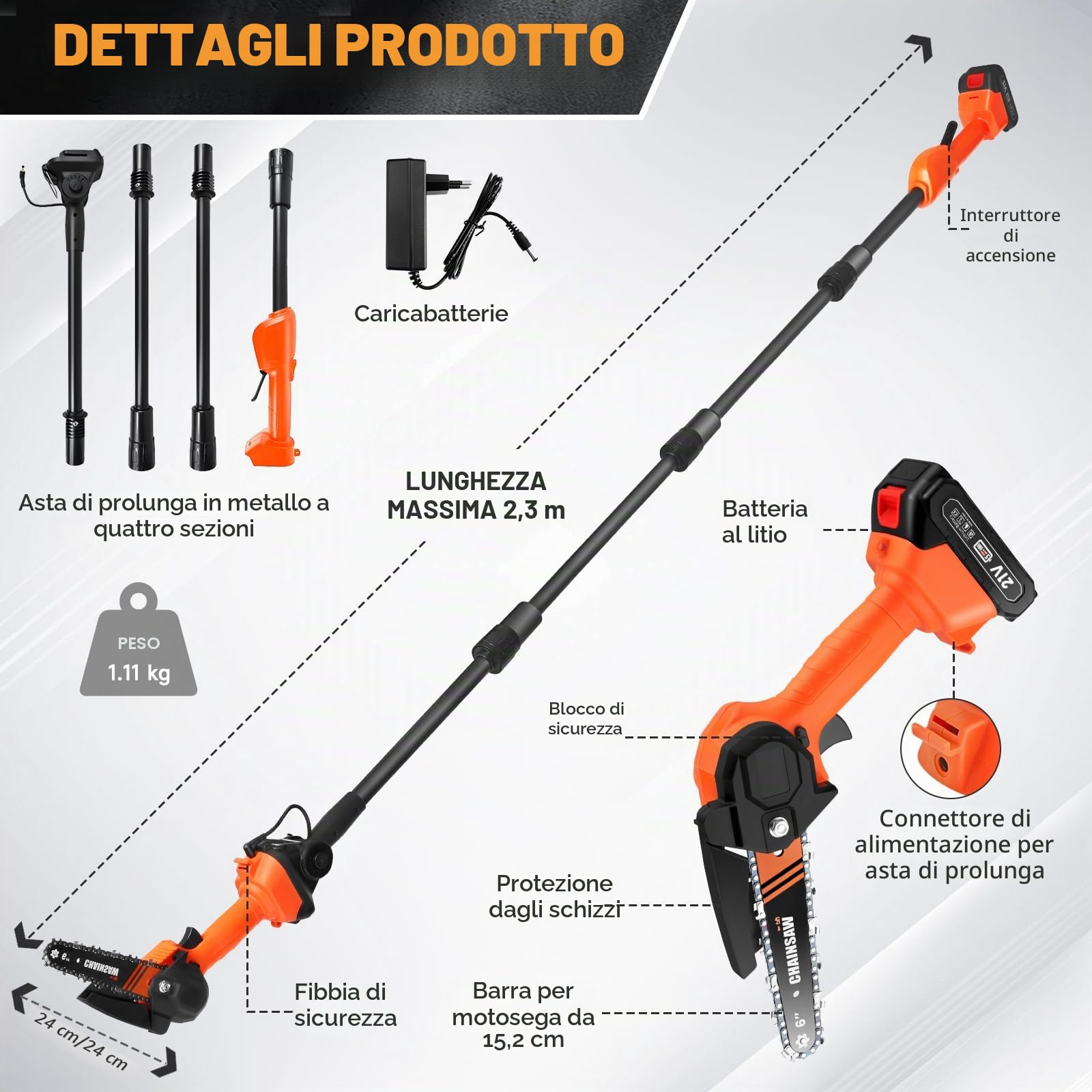 Motosega Telescopica a Batteria, Kit Potatura a Batteria con Asta Telescopica, 2 * 2000mAh Batteries, 6 & 8 Pollici, Max 2.3M, Svettatoio aBatteria Per Potatura Di Alberi Da Giardino