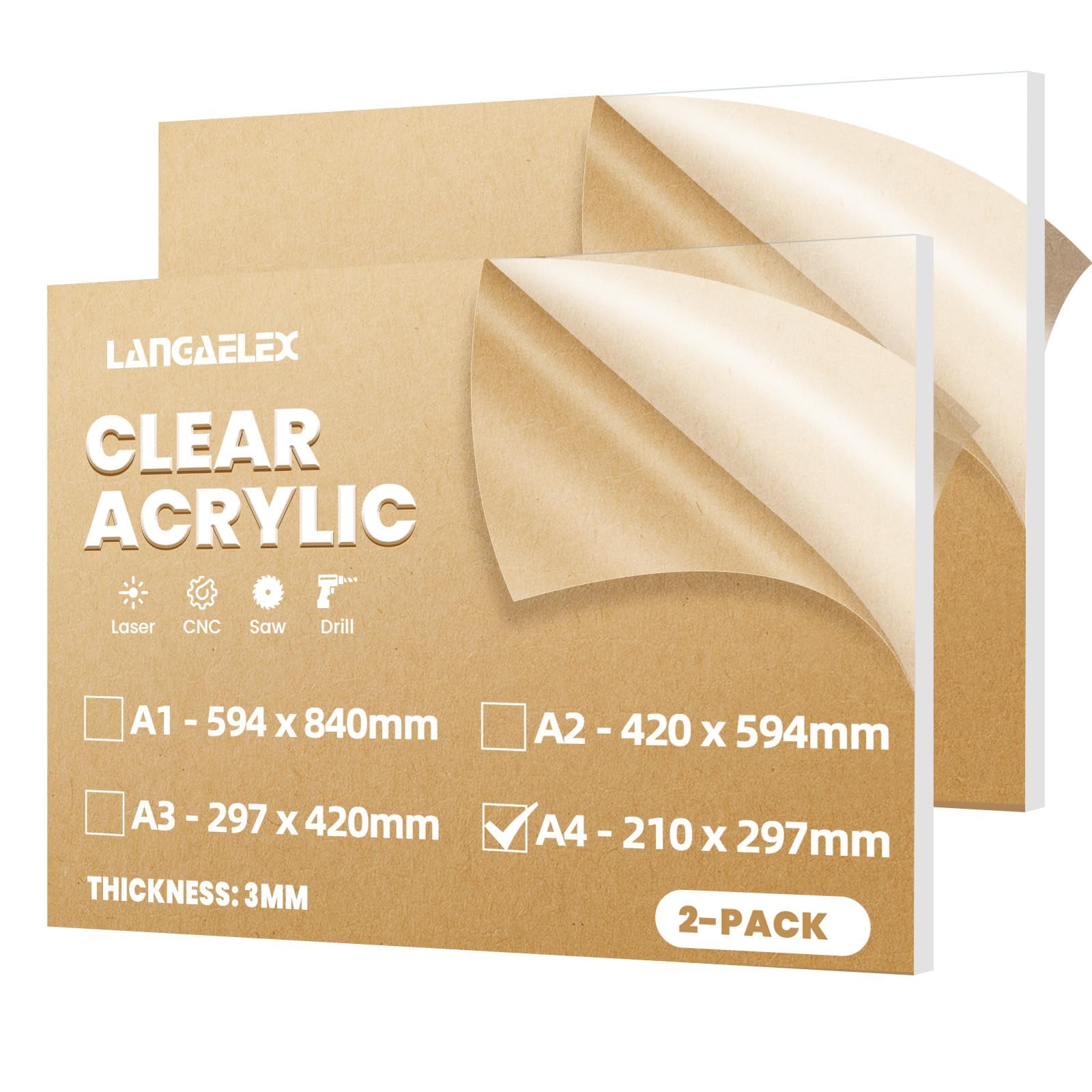 2 Pack A4 Clear Cast Acrylic Sheets 210 x 297mm, 3mm Thick Plexiglass Perspex Sheets cut to Size for Laser Engraving, Picture Frame, DIY and Crafts Project