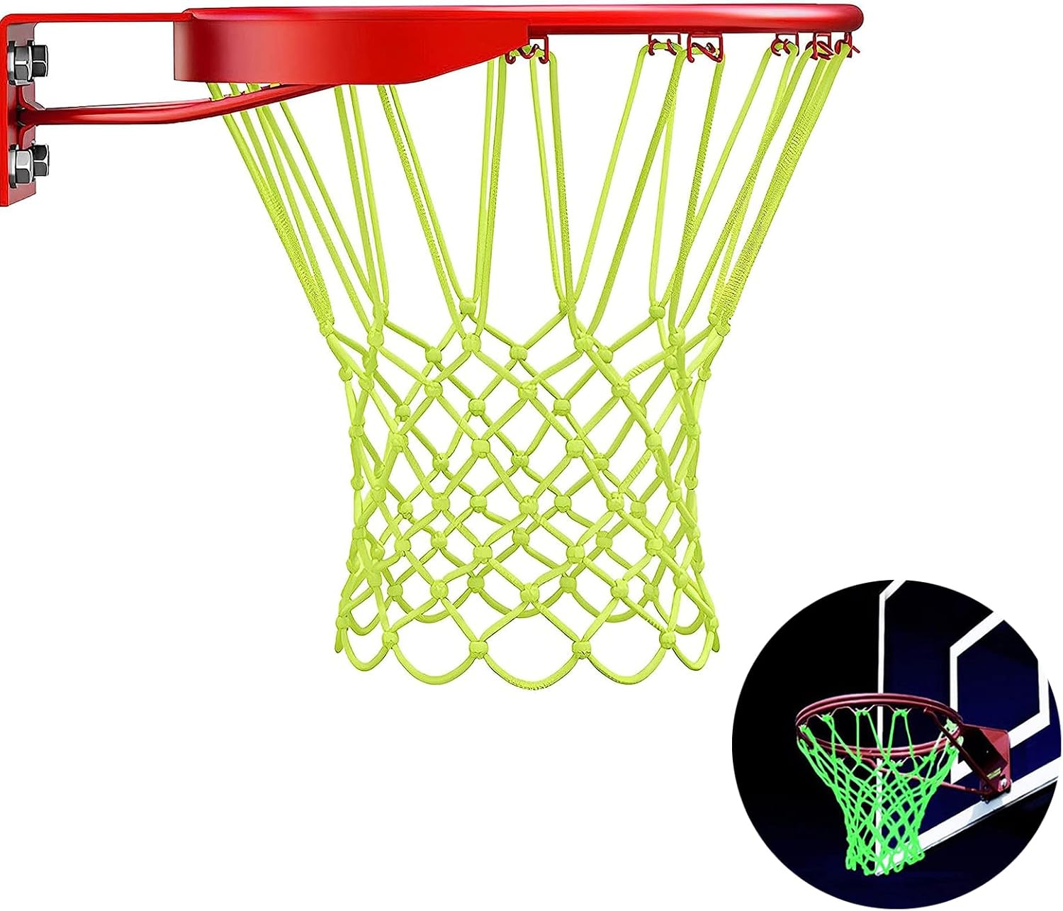 Basketball Net Replacement, Heavy Duty and Anti Whip Night Light Basketball Goal Net Glow in The Dark, 12 Loops Fits Standard Size Indoor or Outdoor Hoop Rims, Nylon and Green