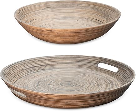 LEXA 2-Piece Handcrafted Bamboo Entertaining Set, 16 Serving Tray with Handles & 14 Salad Bowl, Spun Bamboo Serveware for Hosting, Everyday Dining & Home Decor Black