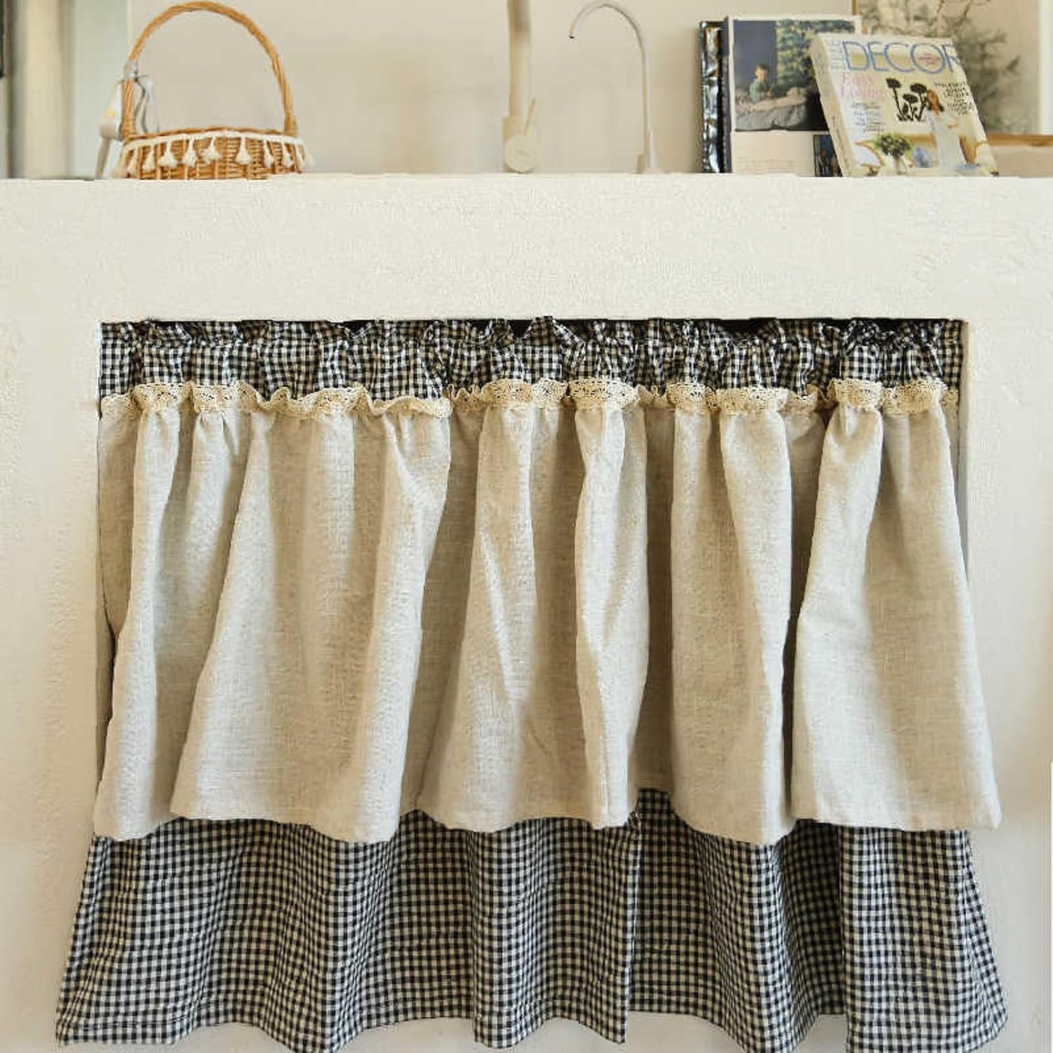 Valance Tier Curtain Buffalo Check Plaid Gingham Patchwork Short Curtain for Vintage Window Country Kitchen Cafe 130(W) x110cm(H) 51.18(W) X43.3INCH(H)