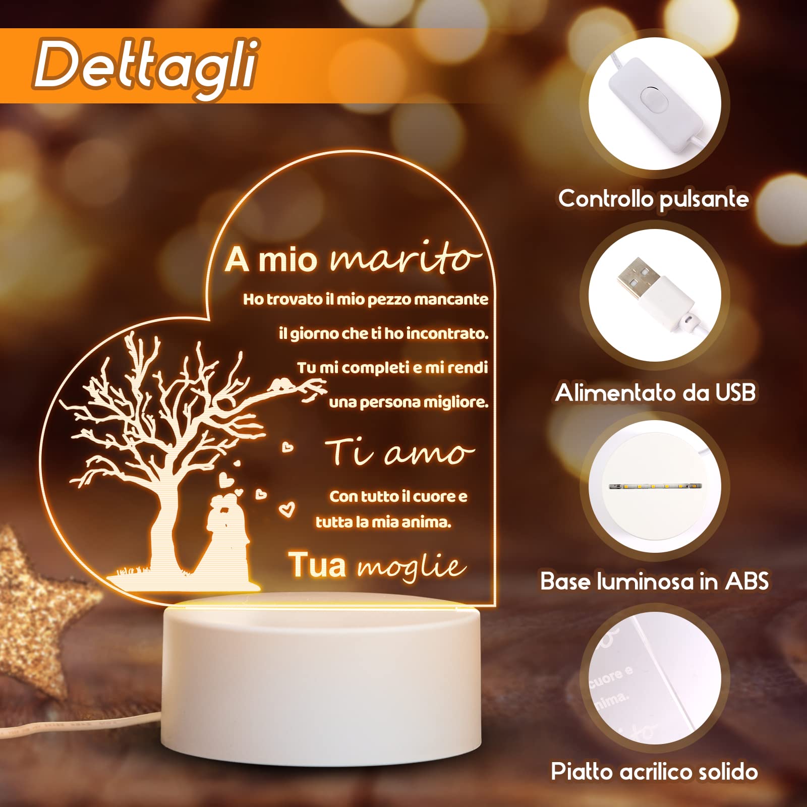 Luce Notturna LED 3D Personalizzabile Con Base In Legno - Regalo Anniversario Matrimonio, San Valentino, USB