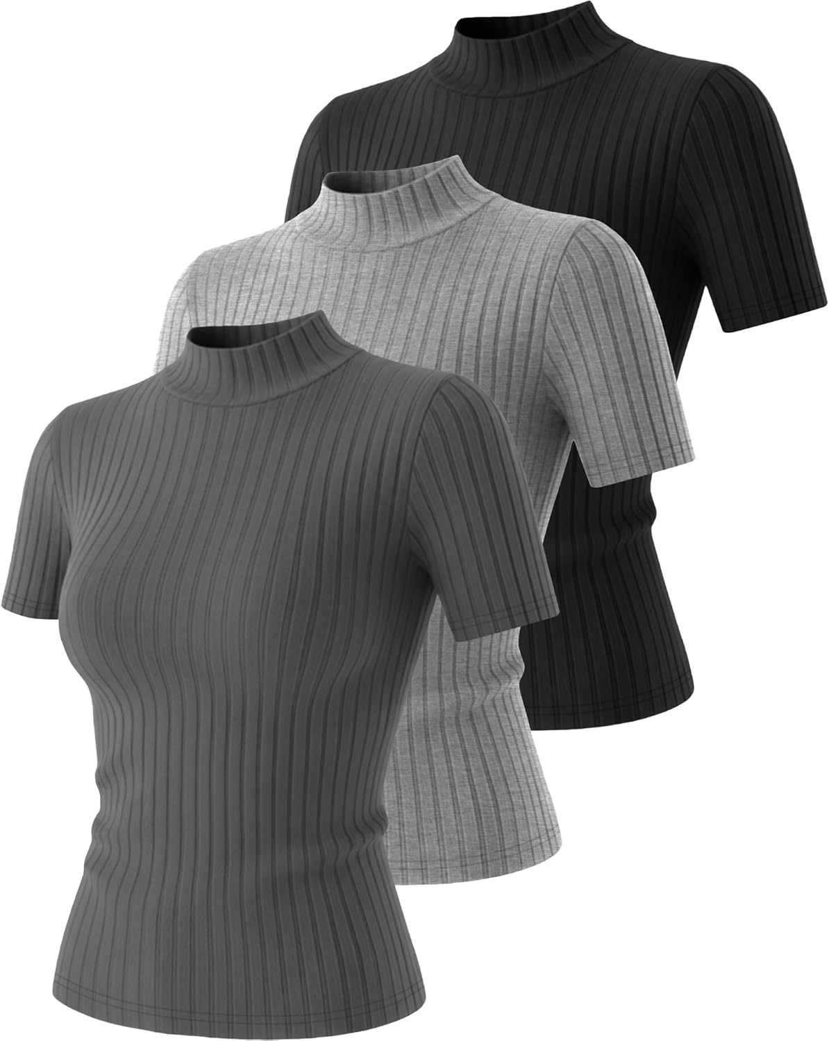 3 Pack Women Mock Turtleneck Shirts Short Sleeve Ribbed Lightweight Basic Layering Cotton Tops Slim Fit Tunic Tees - Image 3