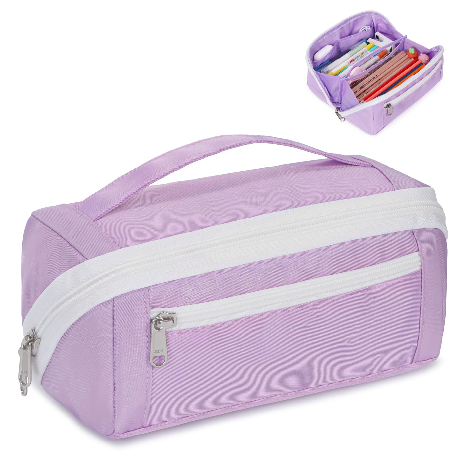 Large Pencil Pouch for Teen Girls, 8 Compartments, Purple | Large capacity pencil case, wide-opening organizer fits calculators, markers, pens; for middle school, high school, college