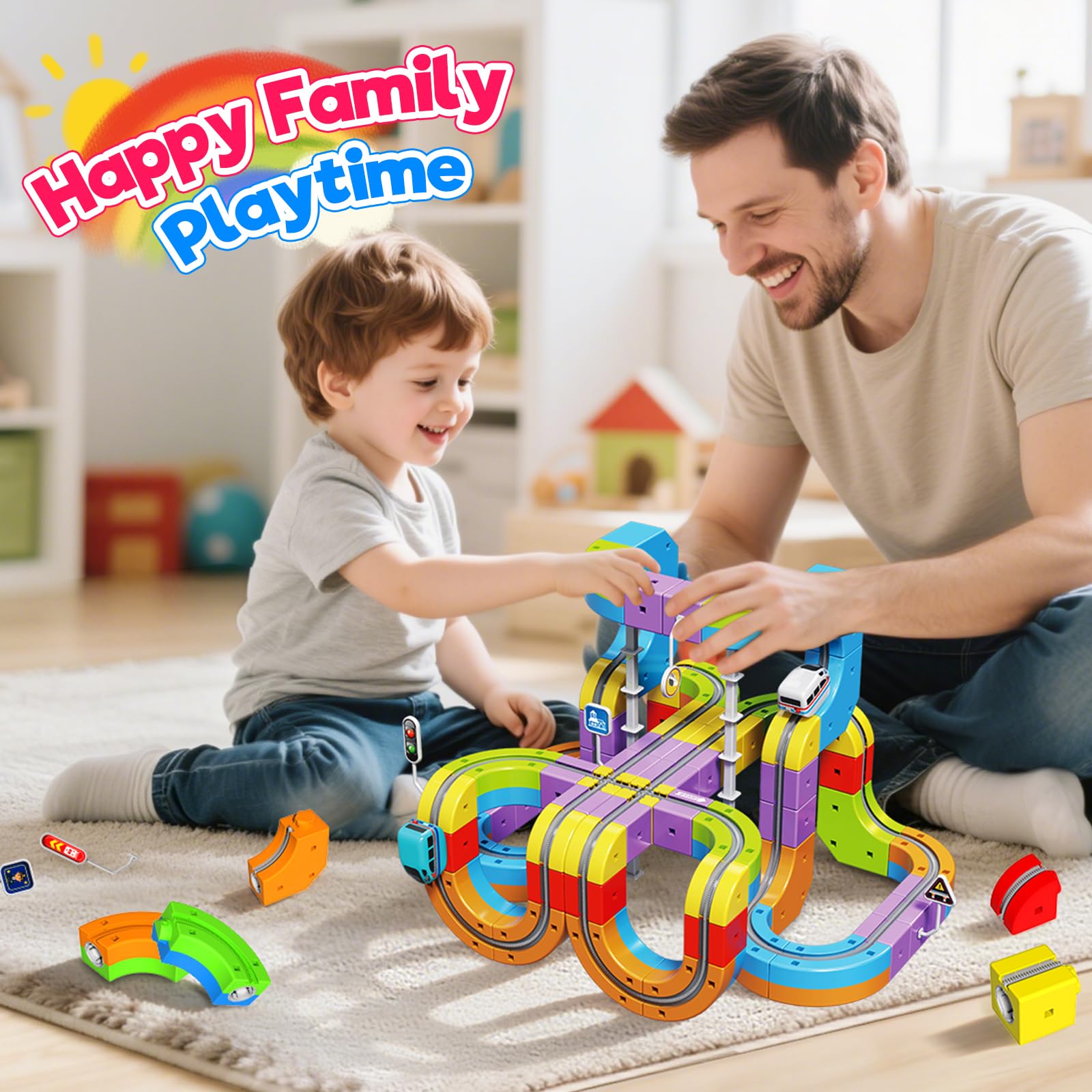 Goody King Eisenbahn Kinder Elektrisch 110 Teile - 3D Magnetbahn mit Verkehrszeichen - DIY Cube Track & Enthält Züge - Kreatives Konstruktionsspielzeug Geschenk für Kinder ab 4-12 Jahren