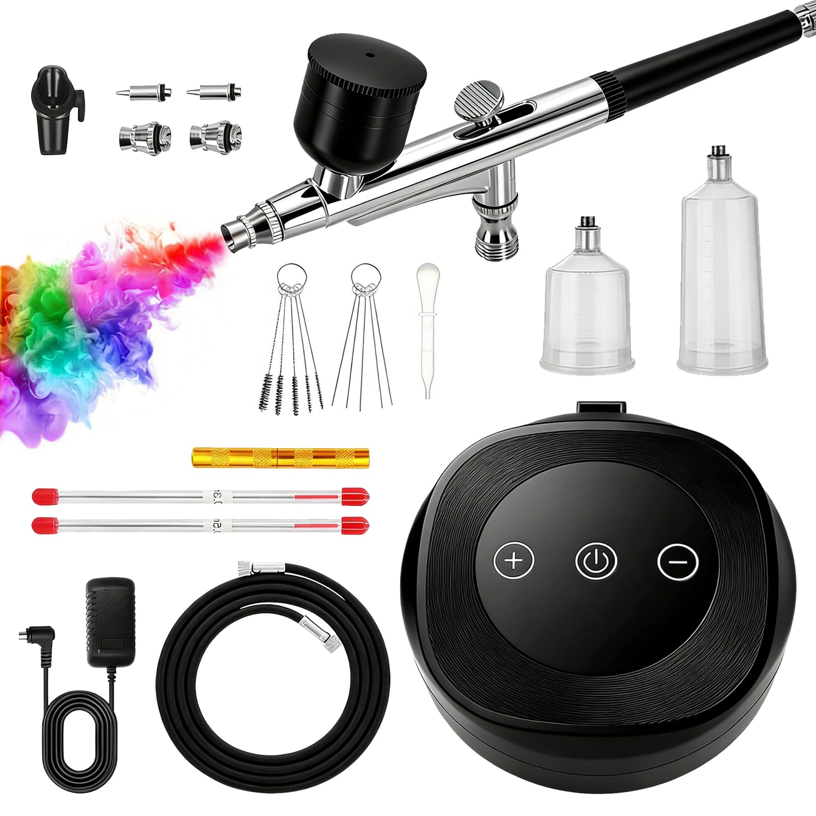Set Airbrush con Compressore, 5 Ugelli e Accessori, Regolazione della Pressione a 3 Livelli (fino a 60 PSI), per Modellismo, Pittura Murale, Nail Art, Trucco, Decorazione di Torte