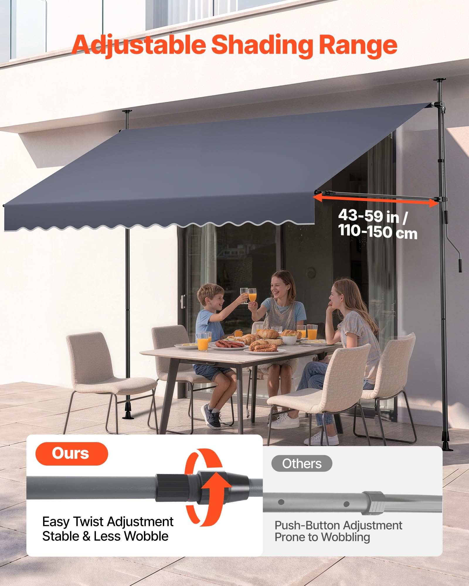 VEVOR Tenda da Sole Retrattile Manuale 300 cm per Esterni da Patio, Tendalino Parasole Retrattile, Grigio Scuro, Altezza Regolabile, con Manovella, per Protezione Cortile Giardino Balcone Terrazza