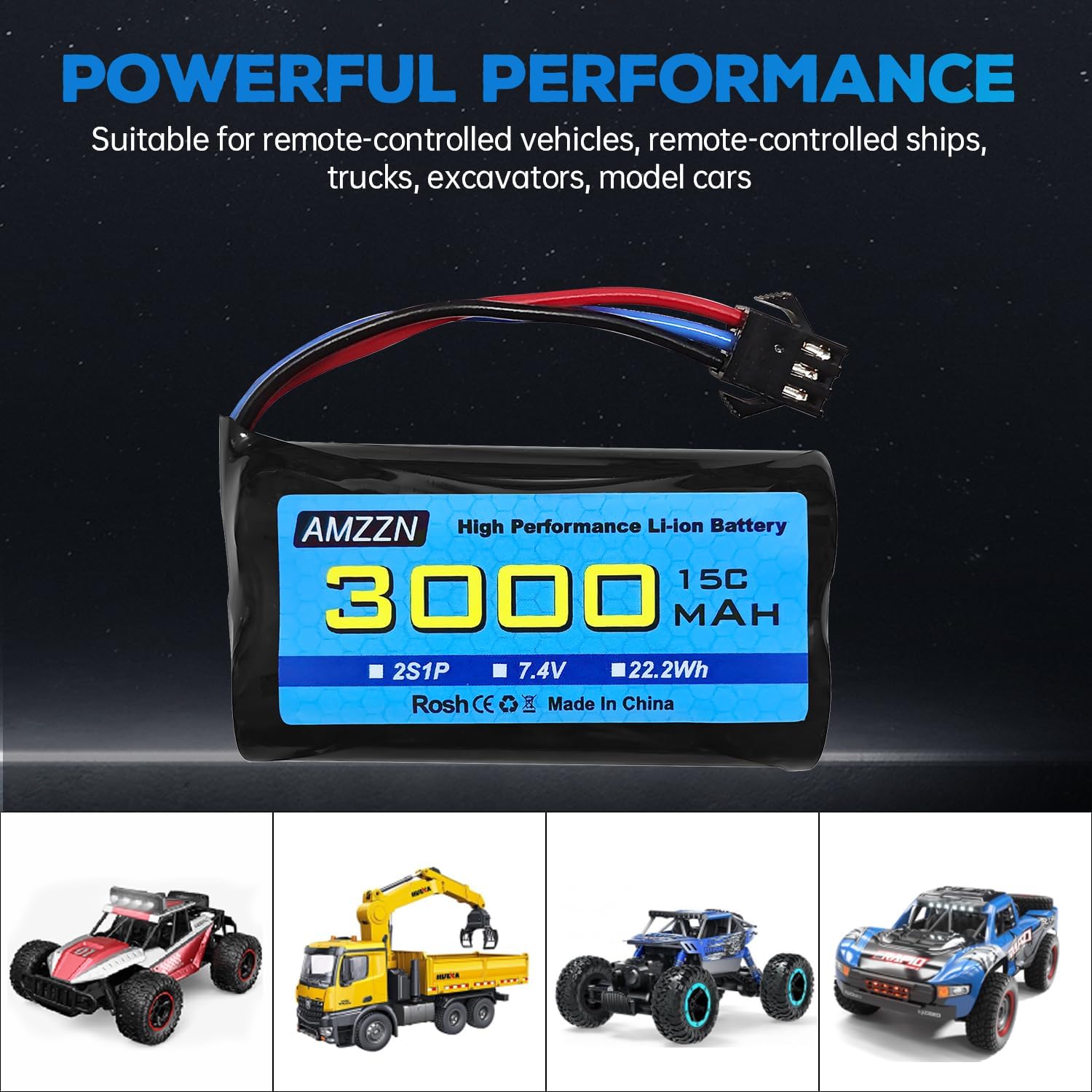 7.4V 3000mAh 15C 2S SM-3P Plug Li-ion Battery with USB Charger for DE43 DE60 9500E 9309E RC Cars and Trucks Huina 1575 RC Engineering Vehicle RC Toy Backup Car Battery