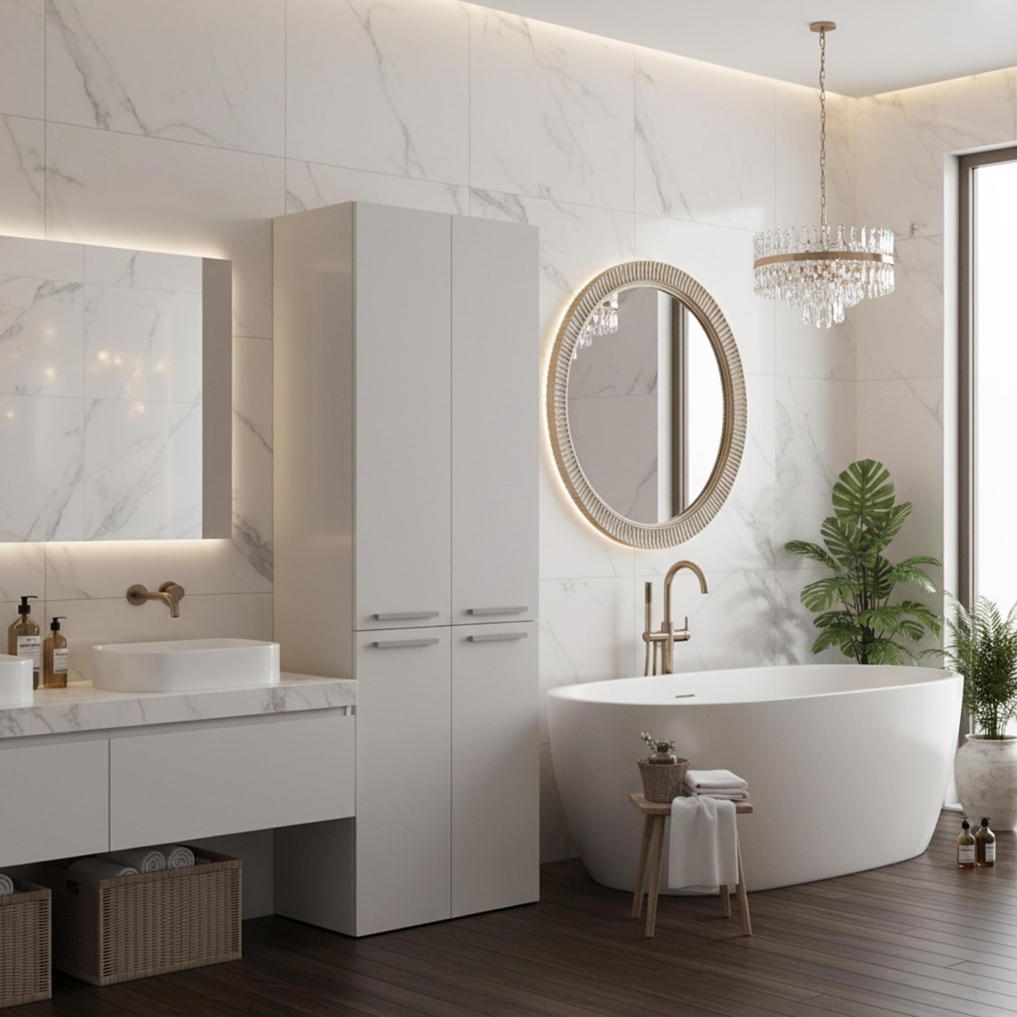 CDF Mobile da Bagno con Armadietti e Ante Bianco Colonna Bagno Salvaspazio 1 Cesto per la Biancheria Mobile Alto a Colonna Cesto Portabiancheria Armadio Bagno 174 x 60 x 30