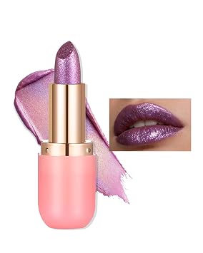 Holographic Glitter Lipstick for Women,Rose Purple Chameleon Shimmer Metallic Lipstick High Pigmented Waterproof Long Lasting Lip Gloss,Sparkle Diamond Color Shift Non-Sticky Lips Tint Stick Makeup-01