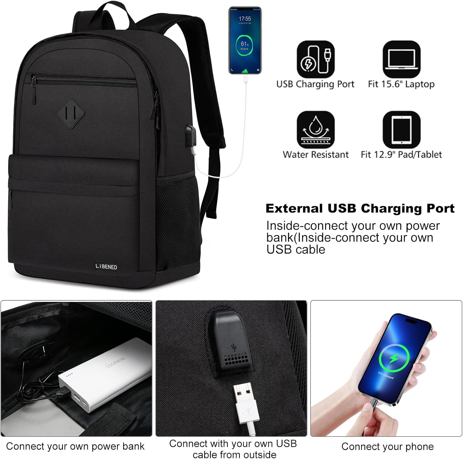School Backpack Teen Boys and Girls, Classical Basic Black Backpack, 15.6 Inch Laptop Bookbag with USB Charger for Women Men, and College High School - Image 3