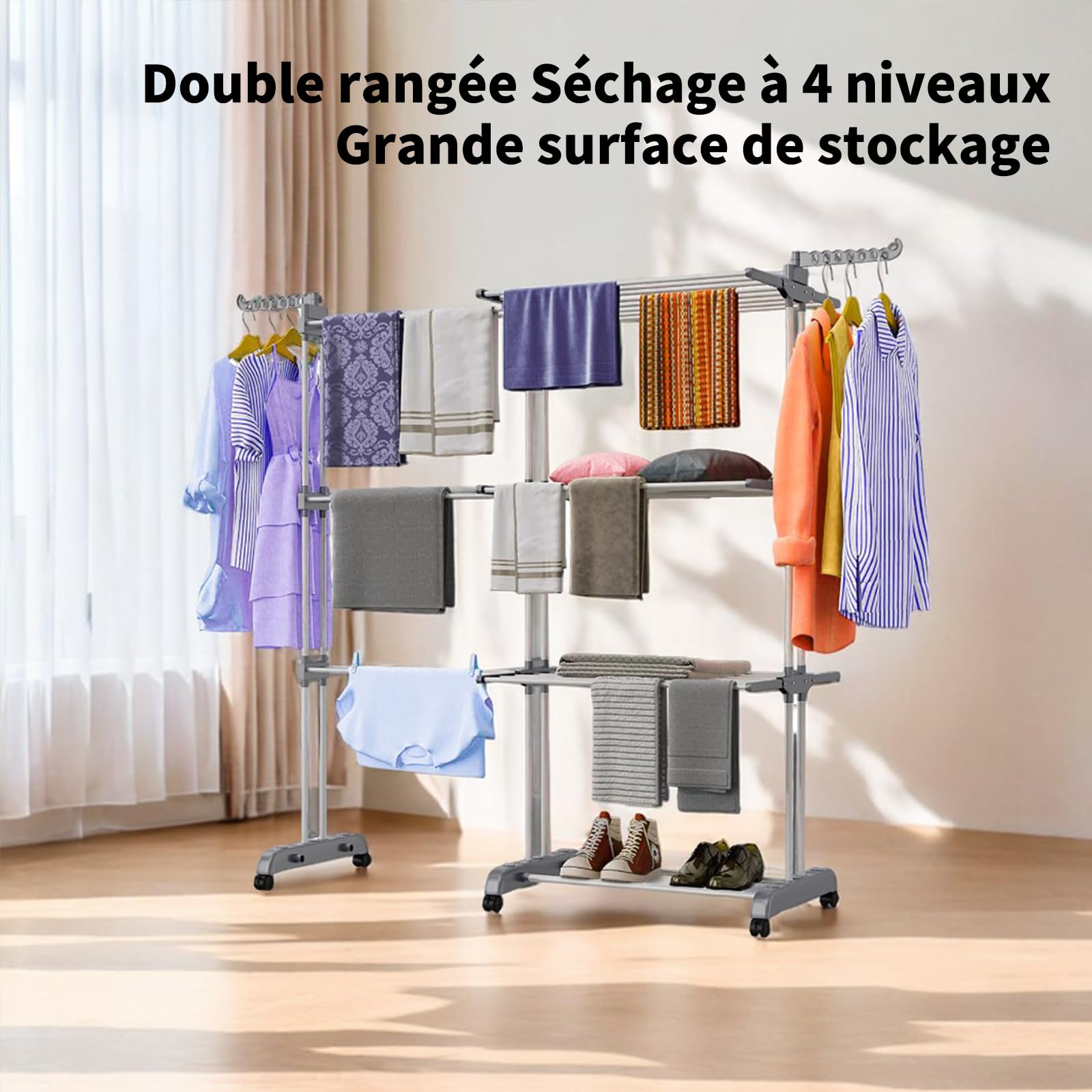 Fabulcozy Séchoir à Linge Pliable Étendoir à Linge 4 Niveaux avec roulettes Utilisation intérieure et extérieure (Petit)
