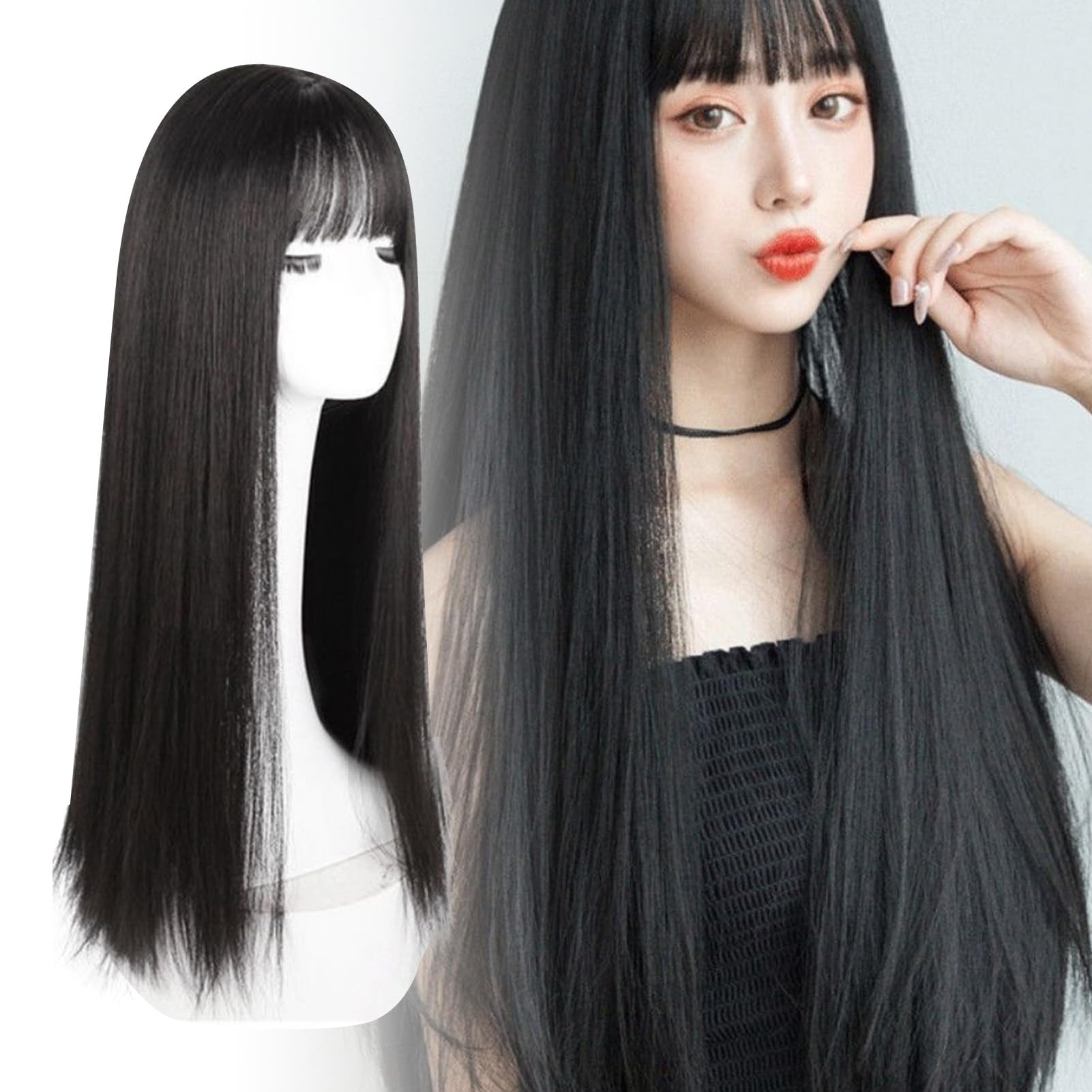 Parrucche lunghe nere lisce per donne, parrucche sintetiche di ricambio, parrucca per costume cosplay, uso quotidiano con frangia, resistenti al calore, alla moda, elegante, 28,3