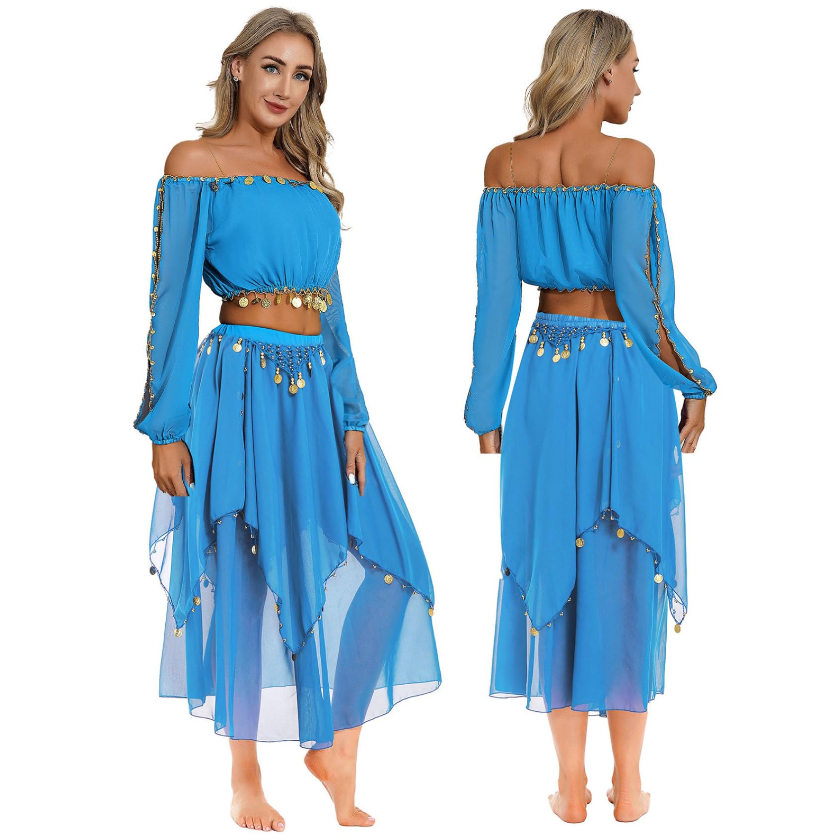 Ensemble De Costume De Danse du Ventre pour Femmes Haut Court À Manches Longues avec Jupe en Mousseline Robe Danse du Ventre Tenue Danseuse Orientale