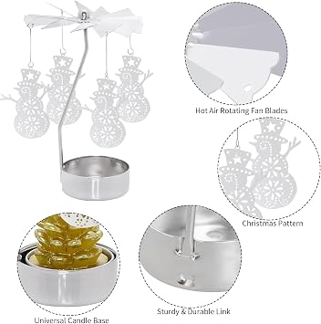 2Pcs Rotary Candle Holder Spinning Tea Light Candle Holder Silver Christmas Snowflake & Snowman Style Metal Rotating Candlestick