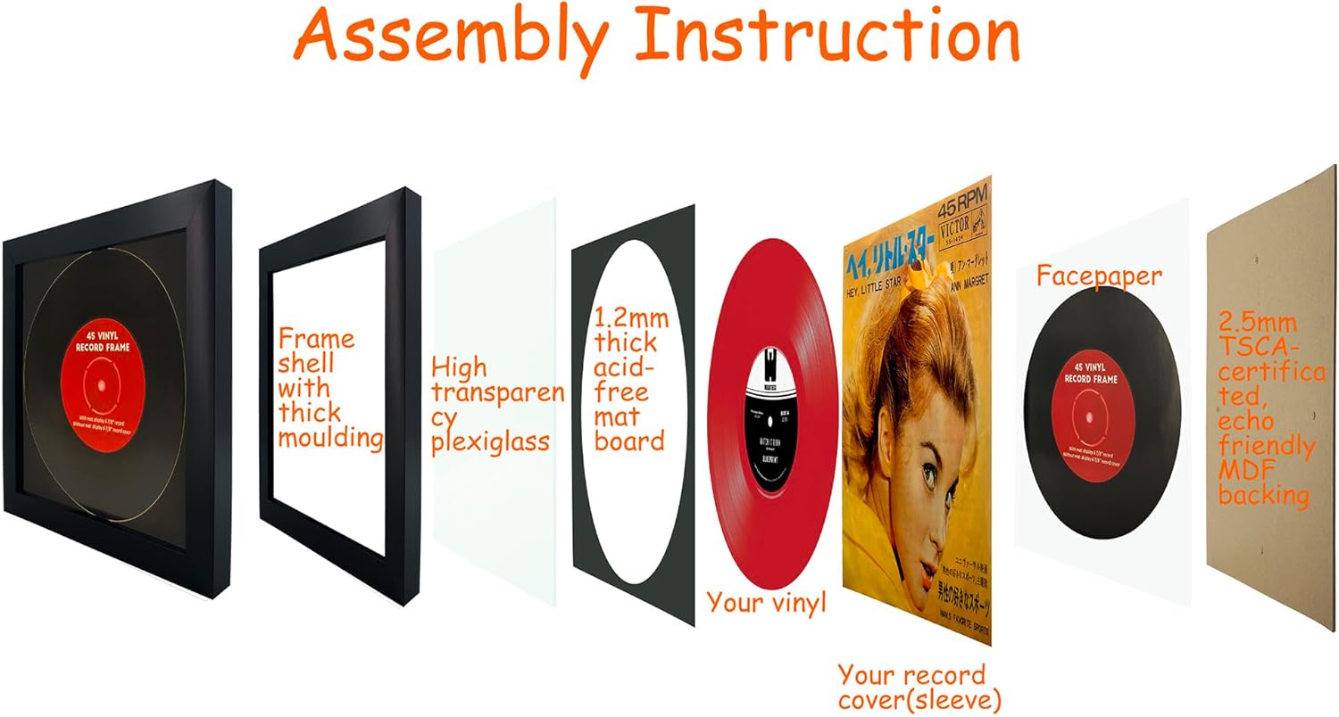 2 Pack, 45 Single 6 7/8" Vinyl Record Frame, Display 45 rpm Record with Black Mat or 7" 45 rpm Vinyl Sleeve Art without mat, Wall & Tabletop Display