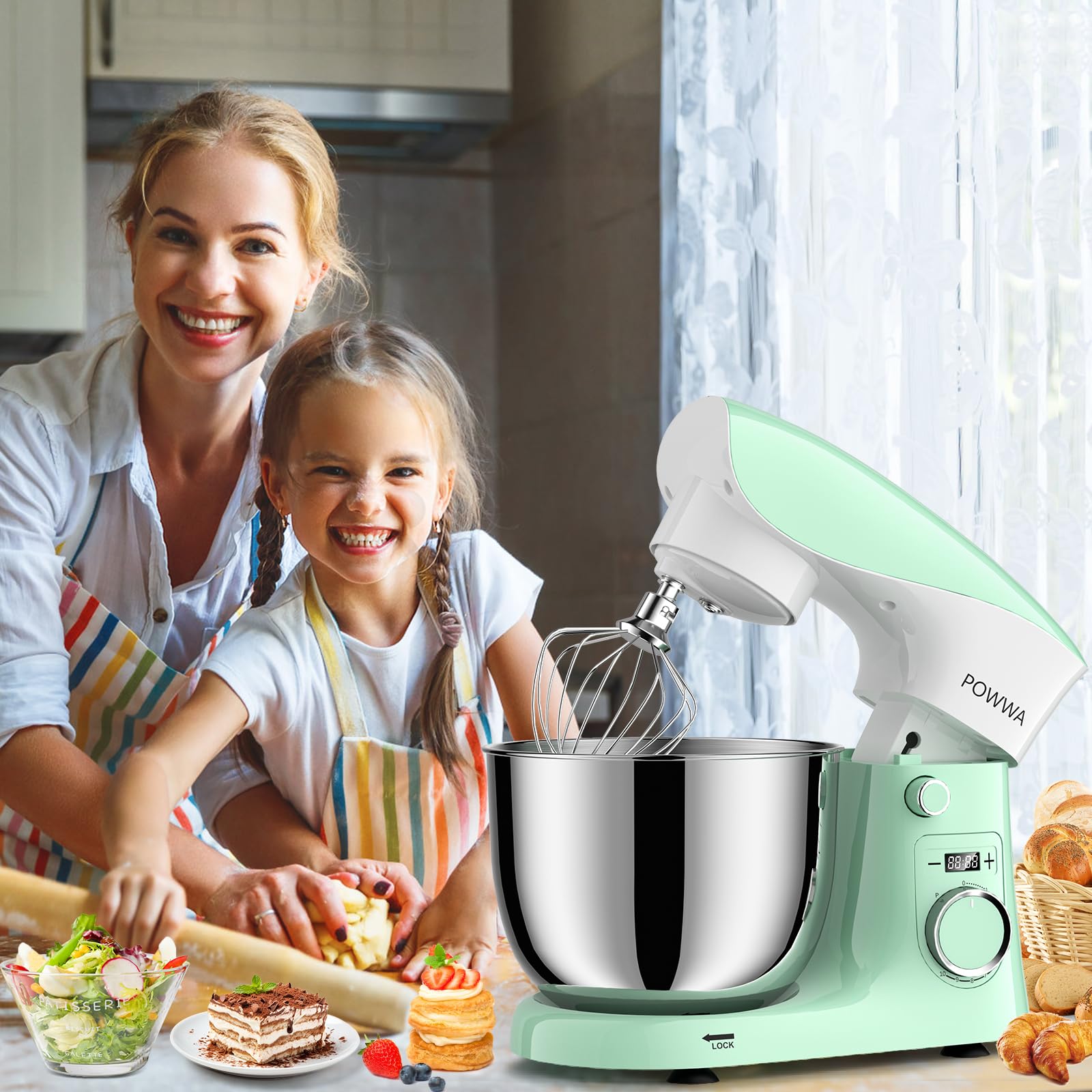 Batidora Amasadora Profesional POWWA 5L, Verde Blanco | Amasadora de Pan Repostería, 10 Velocidades con Pulso, Bajo Ruido, Robot de Cocina Multifunción