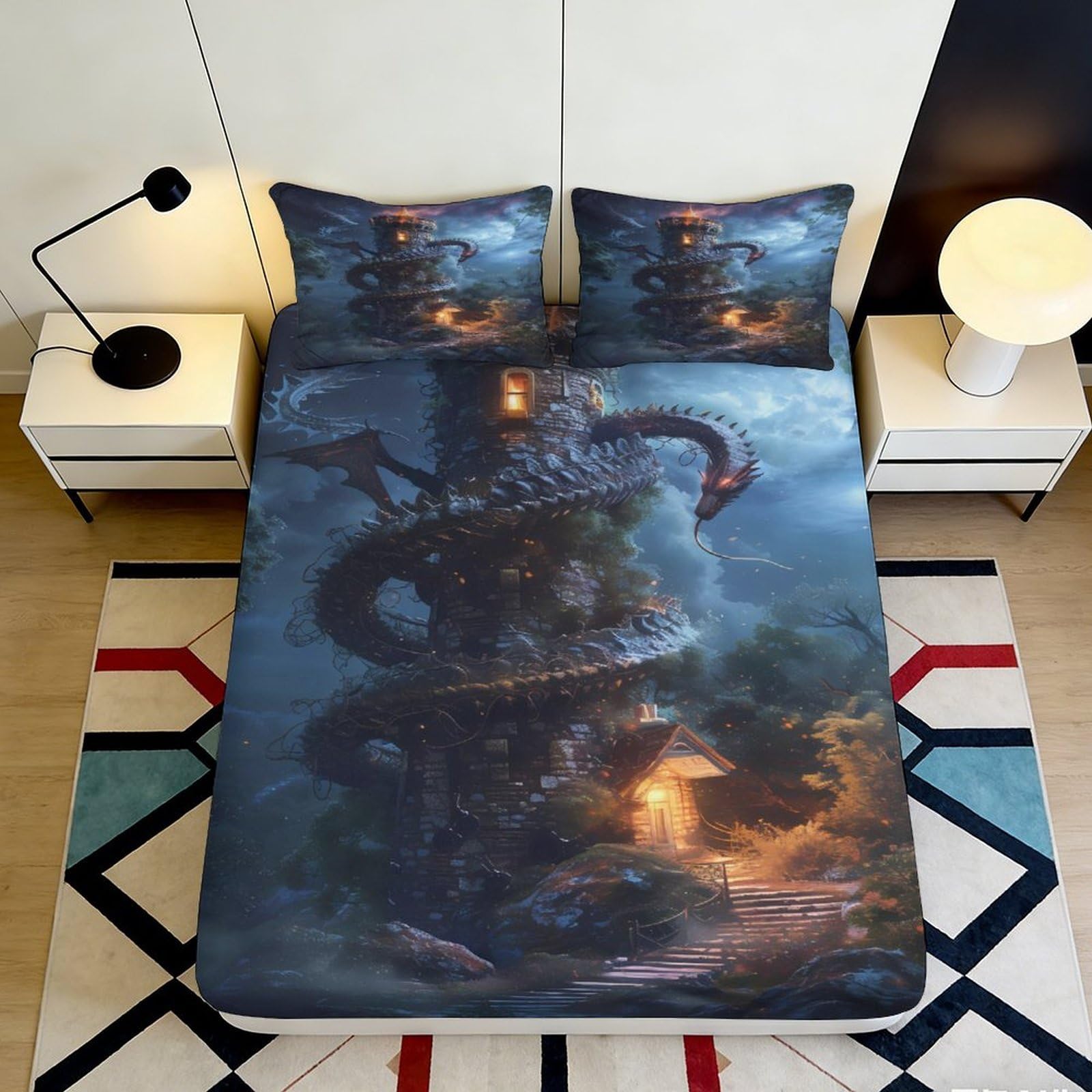 Jqzkxnhpbr Style-1 3D Printed Dragon Fantasy Fitted Sheet Microfiber Soft Breathable Night Forest Mattress Cover For Bedroom Decor 90X200x25cm
