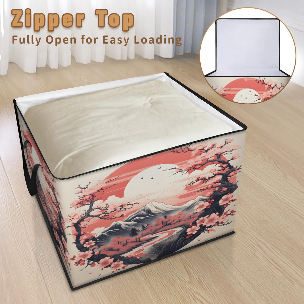 Honeybaby 214L Extra Large Comforter Storage Bag Sunrise Cherry Blossoms Storage Totes with Lids Waterproof Closet Organizer Folding Blanket Storage Bags for Clothes Bedding Pillows