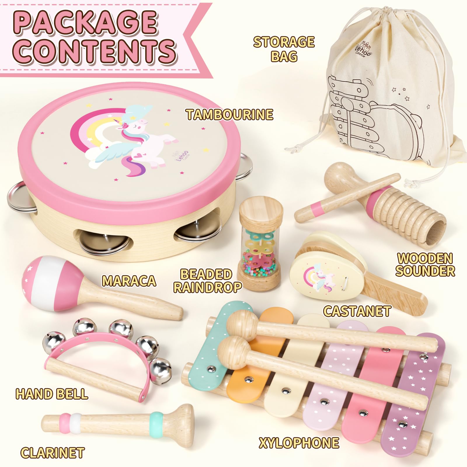 Lehoo Castle Musikinstrumente für Kinder ab 1 Jahr, Mädchen Montessori Spielzeug Geschenk 2 3 Jahre, Kinder Holz Instrumente Musik Set mit Xylophon & Tromme