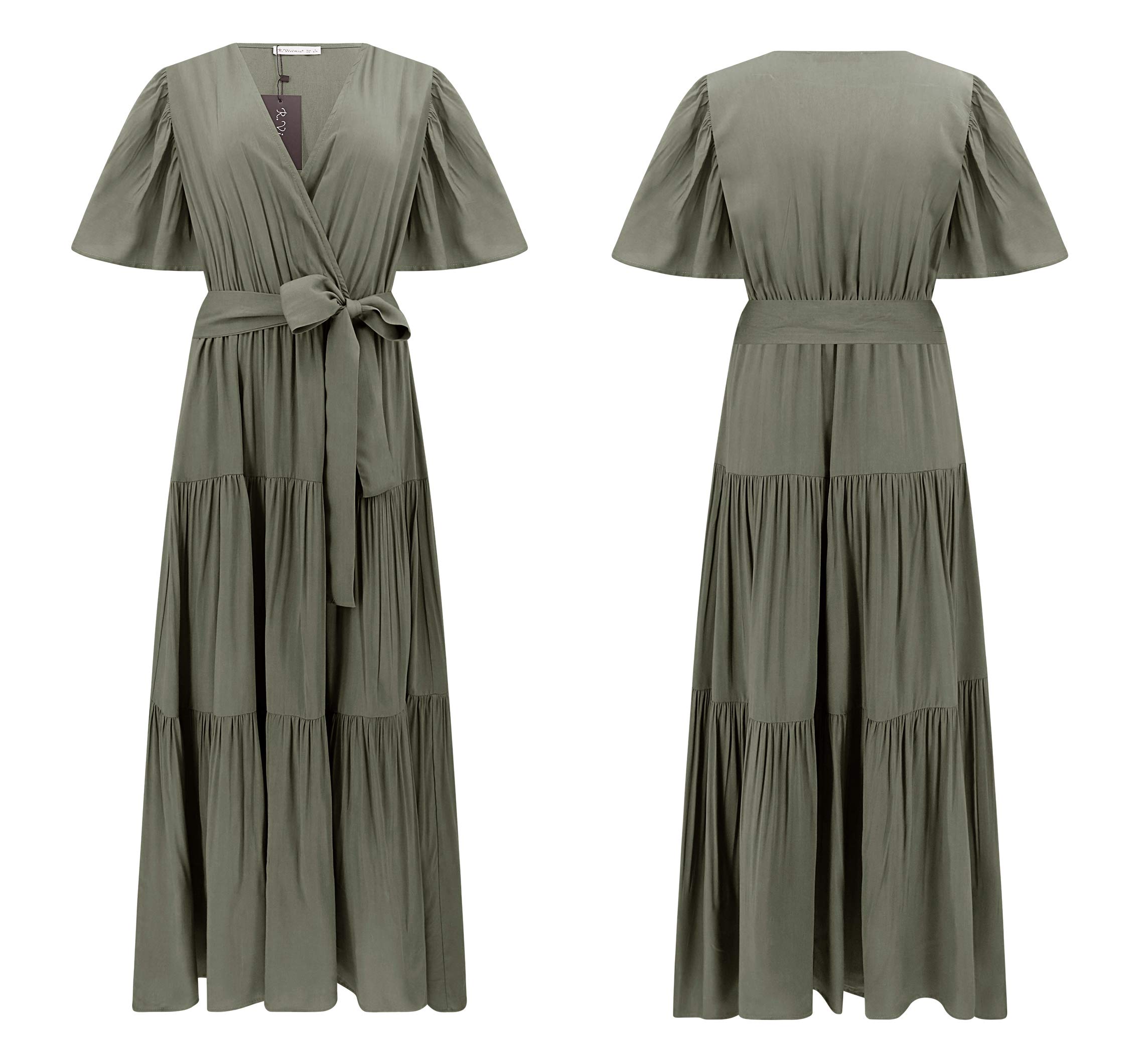 R.Vivimos Summer Dress for Women Cotton Ruffle Short Sleeves V Neck Casual Flowy Midi Dress with Belt