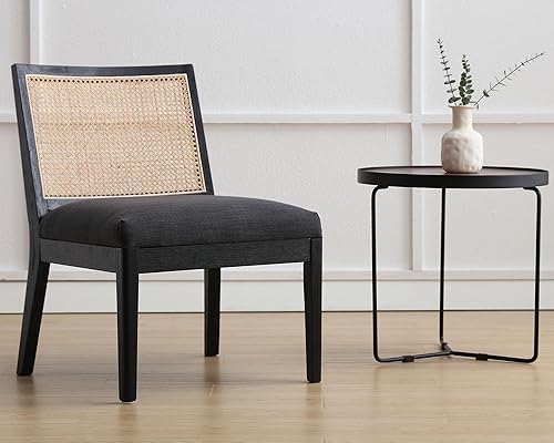 Miniatura 4 de VESCASA Silla decorativa tapizada con respaldo cuadrado de ratán, silla sin brazos con asiento acolchado para sala de estar, lino carbón con patas