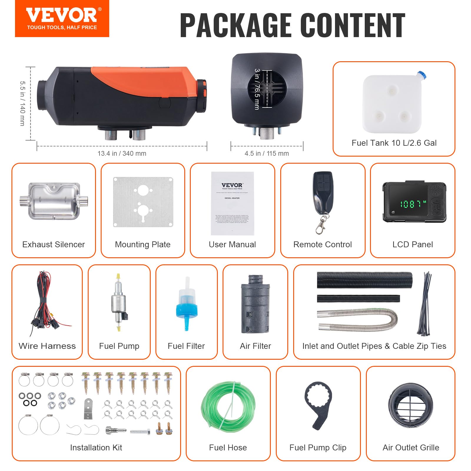 VEVOR Calentador de Aire Diesel 12V 2kW Consumo 0,12-0,26L/h Calefacción Estacionaria 8~36°C Ajustable 10-15m² Control Inteligente con LCD Bluetooth Mando a Distancia Tanque de 10L para Camión Barco