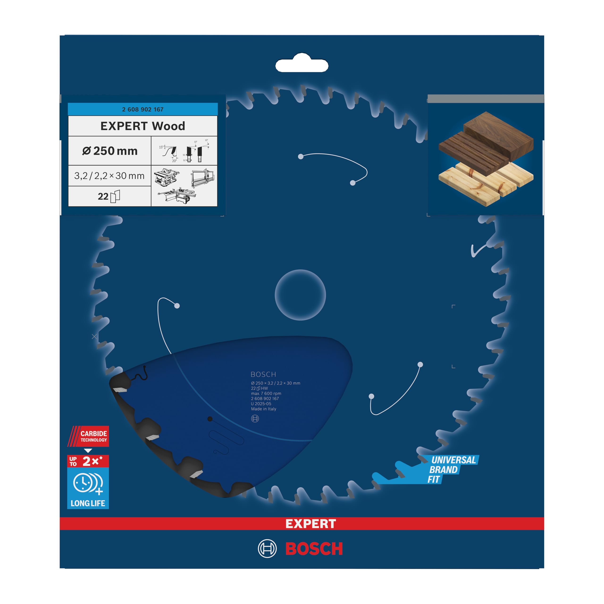 Bosch 1x Lama per sega circolare EXPERT per Wood cablata per seghe da banco (per Legno tenero, Legno duro, Ø mm, Professional Accessorio Sega circolare a filo da banco)