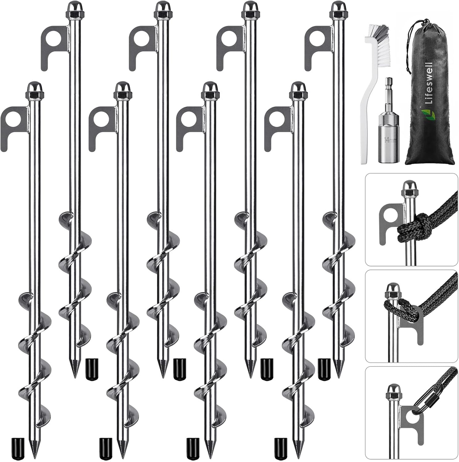 12 Inch Ground Anchors, 8 Pcs Heavy Duty Tent Stakes, Easy to Install and Reusable, for Camping Tents, Trampolines, Sheds, Swing Sets, Securing Animals