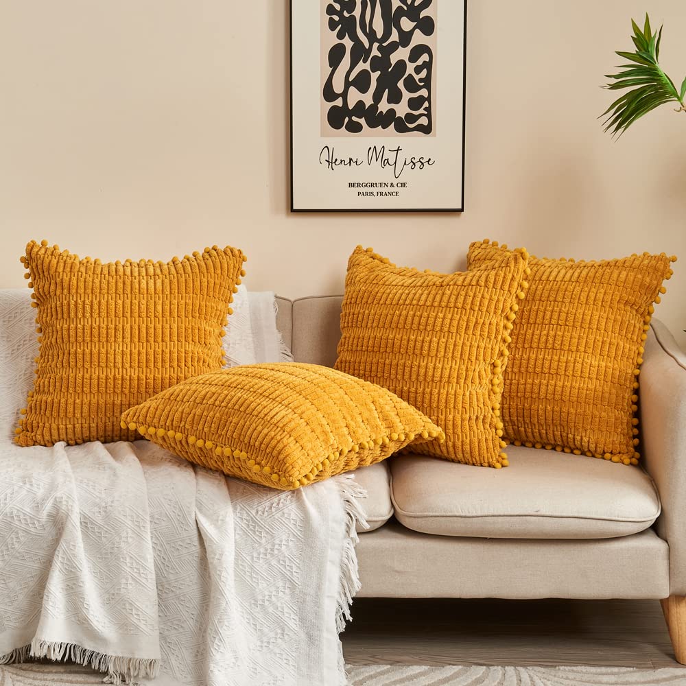 Photo 1 of 4 Pack Decorative Throw Pillow Covers with Pom-poms 18 x 18 for Couch Sofa Bed, Modern Corduroy Cushion Case for Living Room Decor, Mustard Yellow Pp-mustard Yellow 18 x 18-Inch