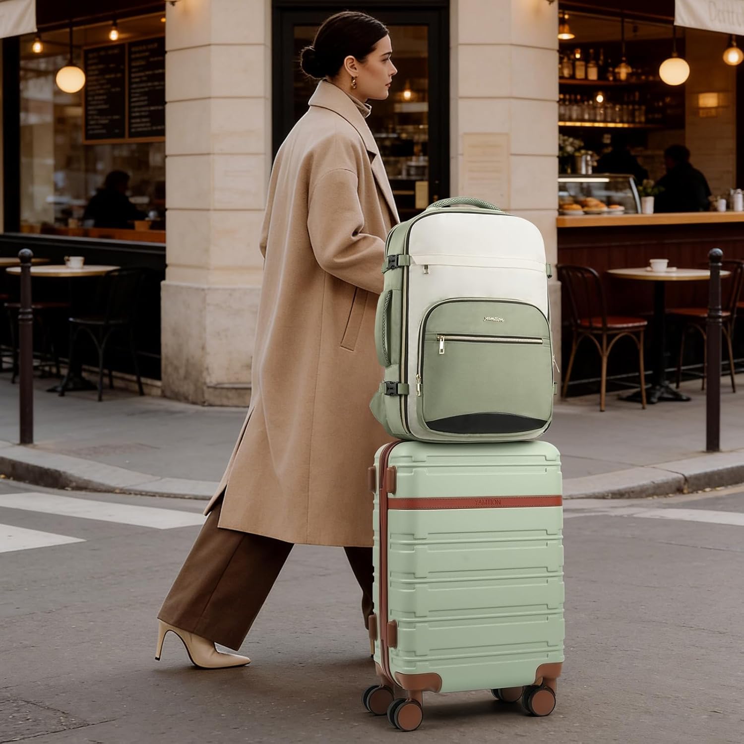 YAMTION Luggage Sets 6 Piece,Hardside 20In Suitcase with Spinner Wheels,TSA Lock,Carry On Suitcase Travel Essentials for Personal Items,Green