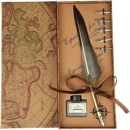 Amazon Mugast 羽ペン万年筆 アンティーク調 羽飾り 万年筆 高級感 レトロ おしゃれ 羽毛ペン 金属製ペン先 5枚 きれい 贈り物 グレー 万年筆 文房具 オフィス用品