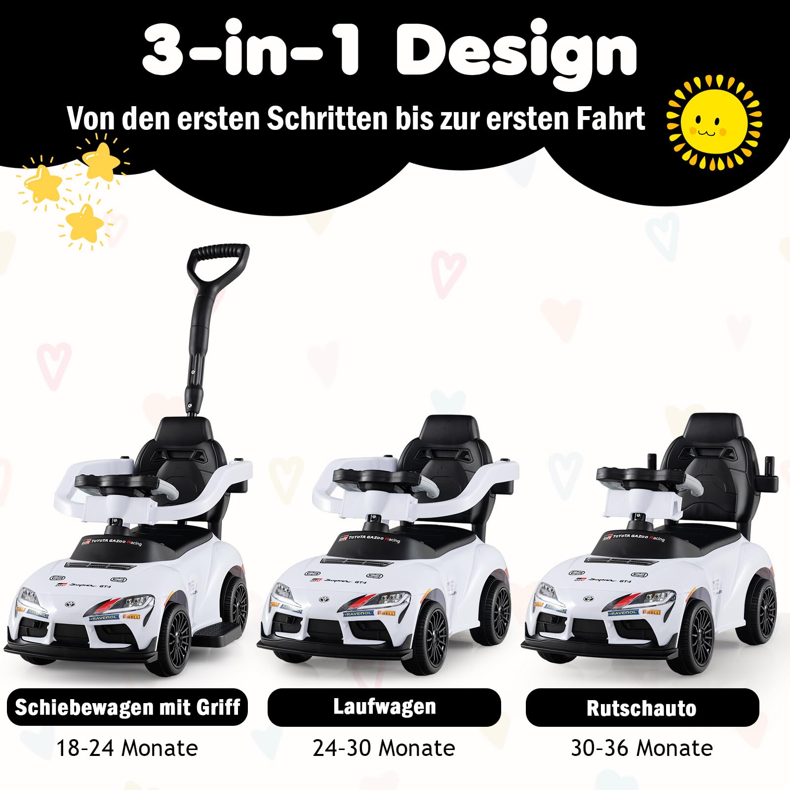 GOPLUS 3 in 1 Schiebeauto, Rutschauto Toyota mit verstecktem Stauraum & Musik, Rutschfahrzeug mit Schiebestange, Kinderfahrzeug für drinnen & draußen für Kinder von 18–60 Monaten (Weiß)