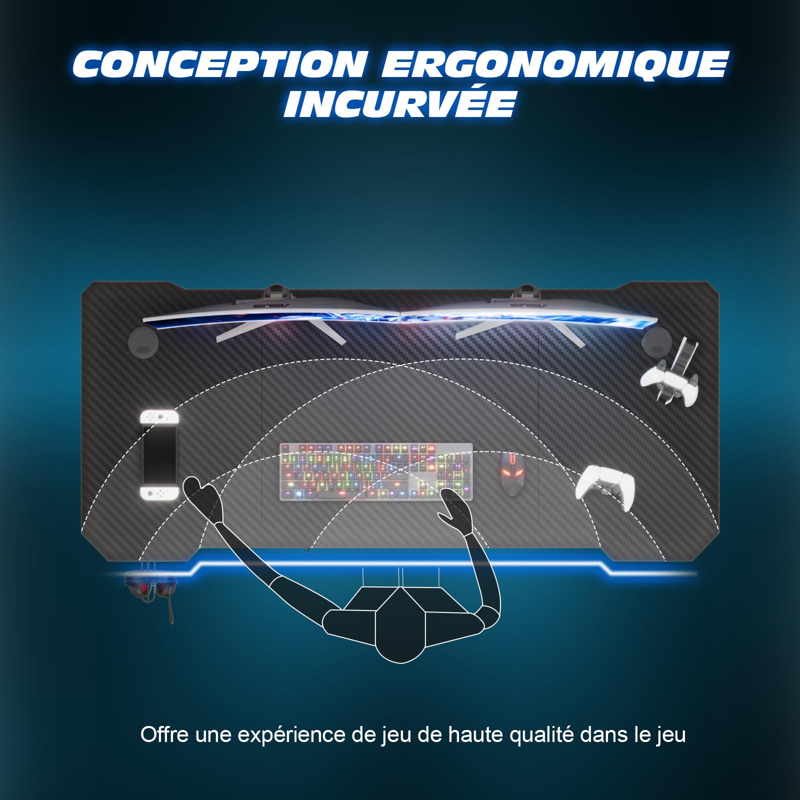TRIUMPHKEY Bureau Gaming, 120x60CM Table de Jeu, Bureau Robuste pour Ordinateur Ergonomique,Surface en Fibre de Carbone,Crochet pour Casque et Gestion des câbles,Cadre en Forme Z Moderne, Carbon Noir