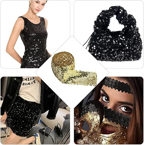 Miniatura 7 de FINGERINSPIRE Cinta de lentejuelas elásticas doradas de 5.5 yardas y 3 pulgadas de ancho, lentejuelas planas, ribete de encaje, cinta elástica