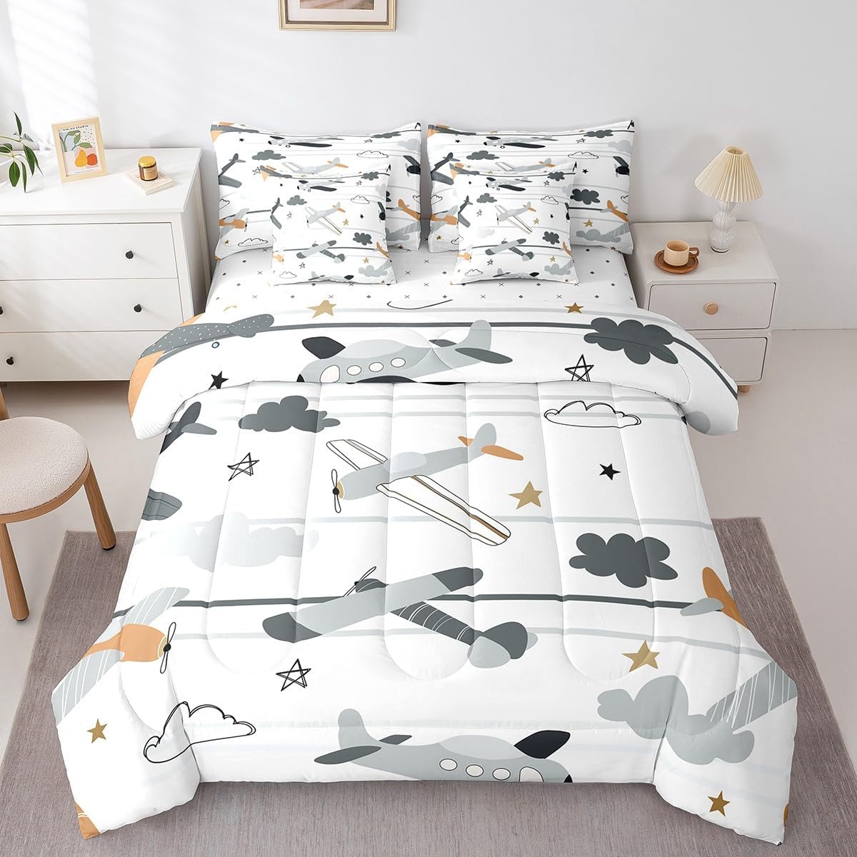 Erosebridal Scandinavian Style 7Pcs Comforter Set Queen, Hand Drawn Aircraft Bedding for Child Boy, Cartoon Clouds Funny Airplanes Bed in A Bag Sheet Set, Grey Yellow Room Decor Duvet Insert